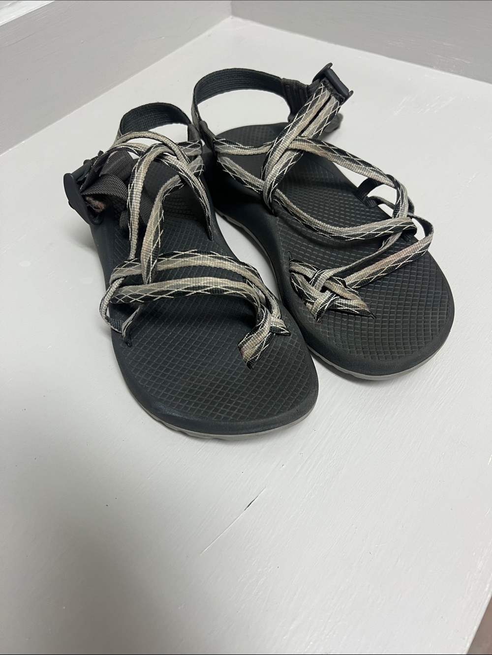 Chaco Women's Black Sandals with Cream-Striped Webbing